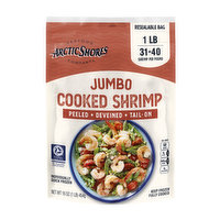 Arctic Shores Jumbo Frozen Cooked Shrimp, Peeled, Deveined, Tail-On, 31/40, 16 Ounce