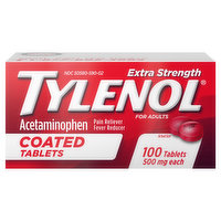 Tylenol Pain Reliever/Fever Reducer, Extra Strength, 500 mg, Coated Tablets, 100 Each