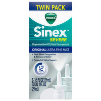 Vicks  Sinex Nasal Decongestant, Severe, Original, Ultra Fine Mist, Twin Pack, 2 Each