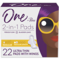 One by Poise Pads, with Wings, Regular, Ultra Thin, 2-in-1, 22 Each