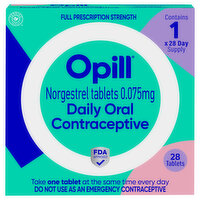 Opill Daily Oral Contraceptive, Full Prescription Strength, 0.075 mg, Tablets, 28 Each