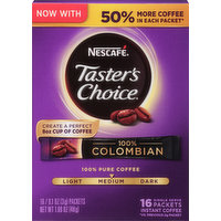 Nescafe Instant Coffee, Medium, 100% Colombian, Single Serve Packets, 16 Each