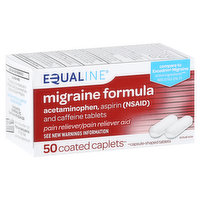Equaline Pain Reliever, Acetaminophen, Aspirin (NSAID), Caffeine Tablets, Migraine Formula, Caplets, 50 Each