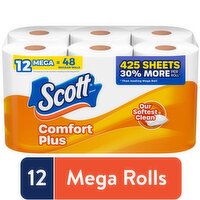 Scott Comfort Plus Bathroom Tissue, Unscented, Mega Rolls, One-Ply, 12 Each