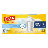 Glad Trash Bags, Quick-Tie, Fresh Clean, Small, 4 Gallon, Value Pack, 2 Each