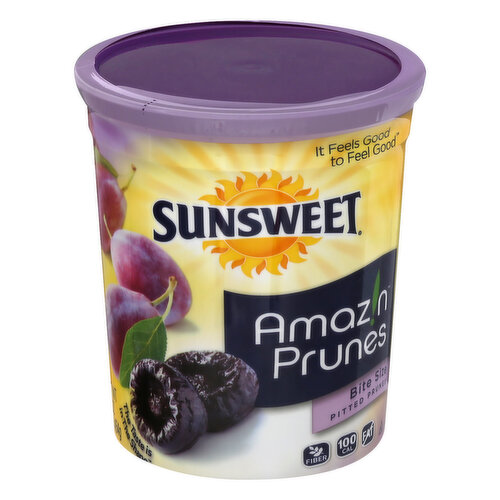 100 cal. Sunsweet Amazin Prunes are a gluten free food produced in a nut-free facility. No fat. Fiber. The taste is in the shape. It feels good to feel good. The Feel Good Fruit: Enjoy living life to the fullest when you give your body the nutrition from Sunsweet Amazin Prunes. Because it feels good to feel good. Grower quality owned. The Taste is in the Shape: Only Sunsweet can bring you our patented pitting process that creates tastier, more tender fruit with less pits and the plump round shape we're known for. Naturally sourced so size, volume and nutrition values may vary. Sold by weight. For questions or comments call: 1-800-417-2253, 9 AM-6 PM EST, Mon-Fri. For more facts, healthy eating tips and recipes, visit us online. Fruits & veggies more matters. Diabetic Exchange: 2 fruit. Amazin prunes from California.
