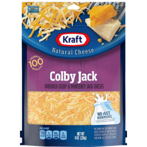 Shredded Colby & Monterey jack cheeses. Per 1/4 Cup: 110 calories; 5 g sat fat (26% DV); 180 mg sodium (8% DV); 0 g total sugars. Contains 0 g lactose per serving. 100 years of quality. No rbST hormone. Made with milk from cows raised without added rbST hormone (No significant difference has been shown between milk derived from rbST-treated and non-rbST-treated cows). Kraftheinzcompany.com. 1-800-634-1984, have package available. ZipPak.