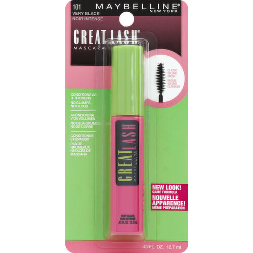Conditions as it thickens. No clumps, no globs. Classic volume brush. New look! Same formula. Washable mascara. Lash-building brush. Lash-doubling formula glides on smoothly to build great-looking lashes. Lash-building brush makes it easy to get a full lash look. Contact lens. Hypoallergenic. www.maybelline.com. Made in USA.