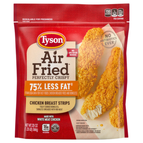 Enjoy the crispy, delicious flavor of fried chicken a whole new way with Tyson Air Fried Perfectly Crispy Chicken Breast Strips. Our chicken strips are made with all natural* white meat chicken raised with no antibiotics ever and Air Fried for you - with just a touch of oil and super-heated air - for a perfectly crispy bite and only 4 grams of fat. With 16 grams of protein per serving, these chicken strips are sure to be a hit with the entire family. Fully cooked and ready-to-eat, simply prepare in an oven and serve with ranch dipping sauce for a delicious dinner. Includes one 20 oz. package of crispy chicken strips. Everything seems to turn out a whole lot better when you just keep it simple. No nonsense. Just stick to the good stuff. The 100% real stuff that makes life, and chicken, great. With high quality farm raised chicken, and no antibiotics ever, we keep it real in everything we do. Keep it real. Keep it Tyson. *Minimally processed, no artificial ingredients