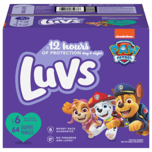 No job is too big, no pup is too small! Luvs diapers with new Paw Patrol designs have your back—and their butts. Luvs now has up to 12 hours of protection, day and night. Like Chase and Marshall would say, our highly trained paws are at your service. And diaper leaks? We’re on the case with nonstop leak protection. Luvs Triple Leakguards absorb quickly to help stop diaper leaks before they happen. But our leak protection doesn’t stop there. Secure cuffs and stretchy sides keep leaks locked in where they happen the most. Forget about cheap, leaky diapers and spend more time enjoying this ride known as parenting. With Luvs you know when they go, thanks to a wetness indicator that turns blue on contact with wetness. You care what your baby wears, so Luvs diapers are 100% hypoallergenic, made free of parabens and free of latex* (*natural rubber). When it comes to the ultimate diaper protection, these paws uphold the laws.  Our diapers are so good, you don’t need this, but Luvs does offer a money-back guarantee. If you aren’t fully loving your Luvs diapers, we will gladly send you a refund. See luvsdiapers.com for terms and conditions.