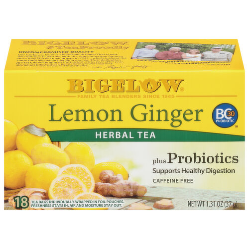 Bigelow Bigelow Lemon Ginger Probiotics, Caffeine Free Herbal Tea, Tea Bags, 18 Ct