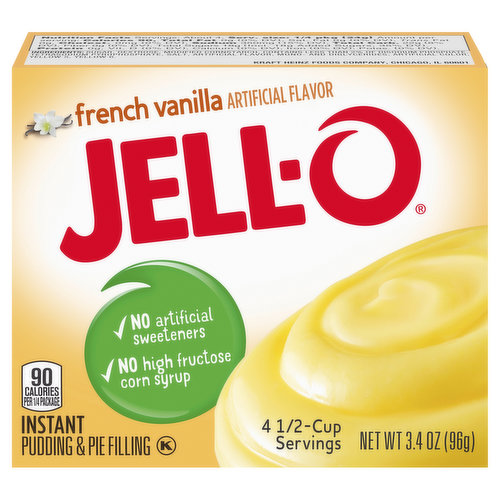 Artificial flavor. 90 calories per 1/4 package. No artificial sweeteners. No high fructose corn syrup. 4-1/2-cup servings. jell-o.com. Note: For directions using non-dairy milk go to www.jello.com.