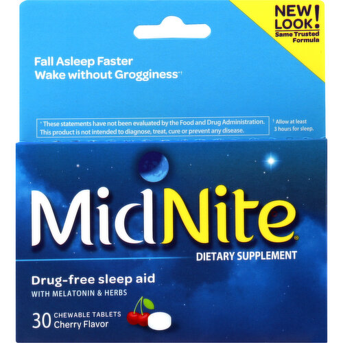 Dietary Supplement. Vegetarian, vegan, gluten and lactose free. New look! Same trusted formula. Fall asleep faster wake without grogginess (Allow at least 3 hours for sleep). Having trouble falling asleep or waking in the night? Take MidNite chewable tablets to fall asleep faster and wake up with no morning grogginess. MidNite activates your natural sleep cycle with melatonin, which is clinically proven to help you fall asleep faster and stay asleep. MidNite also contains a proprietary blend of lavender, chamomile and lemon balm. Because MidNite is drug-free you can take it up to three hours before waking with confidence that you will be ready for the day ahead. Activate your natural sleep cycle. Non habit forming. For occasional sleeplessness. www.midnitesleep.com. Questions or comments? Call toll-free 866-464-3648 weekdays (English/Spanish). Good Housekeeping: Since 1909. Limited warranty to consumers. Replacement or refund if defective. (These statements have not been evaluated by the Food and Drug Administration. This product is not intended to diagnose, treat, cure or prevent any disease.)