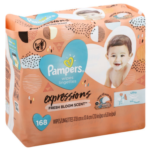17.8 cm x 17.4 cm (7.0 in x 6.8 in). 1 wipe pop-tops. Ultra soft. Contains 3 package liners of 56 wipes each. Package liners are not intended for individual retail sale. 97% water. Hypoallergenic. Alcohol free wipes (contains no ethanol or rubbing alcohol). Designs inside may vary. Pampers.com. Want to know more about the materials we use? Visit Pampers.com. Pampers Club. Download. Enter. Save. Dispose of properly. Made in USA from domestic and imported materials.
