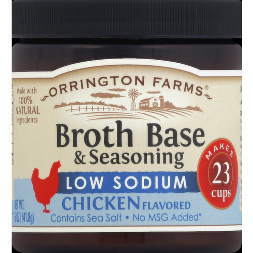 Makes 23 cups. Made with 100% natural ingredients. Contains sea salt. No MSG added (except for that naturally occurring in yeast extract). 2 tsp broth base = 1 cup broth. Share the simple goodness of homemade flavor and bring your dish to life with Orrington Farms. orringtonfarms.com. Gluten free.