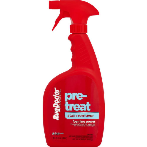 Penetrating formula lifts grease and dirt from heavily soiled carpets. Powerful, foaming pre-treatment spray scientifically formulated to lift grease and dirt from heavily soiled areas like entry ways and hallways. Use prior to deep cleaning to get a consistent overall clean. To learn more visit Rugdoctor.com or call 1-800-784-3628. Printed in USA.