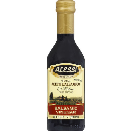 Premium. Aged in wood. www.alessifoods.com. A deposit found in the bottle is a natural occurrence of the product and does not deter the quality. Acidity 6%. Product of Italy. Packed in the USA.