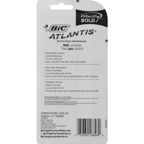 BiC Atlantis Velocity Bold Black Ball Pens 4 ea, School Supplies