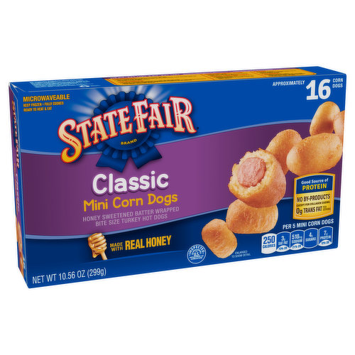 Bite-sized hot dogs dipped in smooth, honey-sweetened batter - YUM! State Fair Classic Mini Corn Dogs are made with real chicken, turkey, pork, and beef and no by-products for a kid-approved snack that moms will love as well. With 7 grams of protein per serving, our mini corn dogs are a tasty way to give your kids the protein they need to help power their play. Simply microwave and serve with fruits and veggies for a delicious and well-balanced snack. Includes one package of 16 fully cooked mini corn dogs. Did someone say playtime? We're ready. From the secret superhero fort in the backyard to the stuffed animal zoo in your basement, play is the most important thing in a kid's world. With State Fair Corn Dogs, your kids get a good source of protein to keep the fun going. So line up the play dates, bring on the playgrounds, and play on.