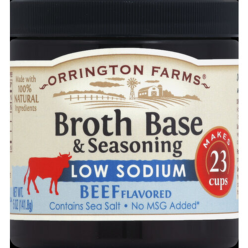 Makes 23 cups. Made with 100% natural ingredients. Contains sea salt. No MSG added (except for that naturally occurring in yeast extract). 2 tsp broth base = 1 cup broth. Share the simple goodness of homemade flavor and bring your dish to life with Orrington Farms. orringtonfarms.com. Gluten free.