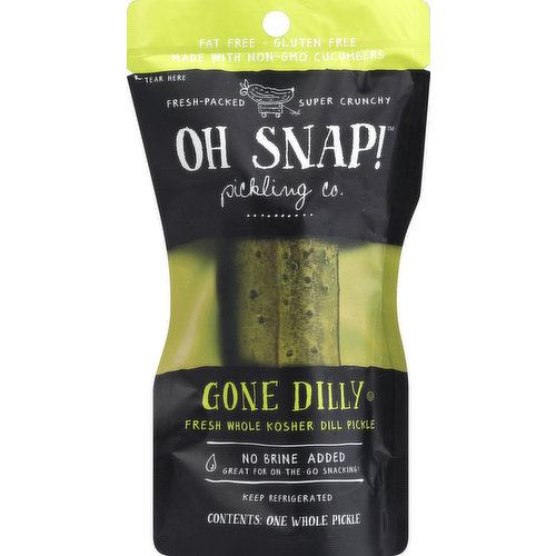 Contents: one whole pickle. Fresh whole kosher dill pickle. No brine added. Great for on-the-go snacking. Fat free. Gluten free. Made with non-GMO cucumbers. Fresh-packed. Super crunchy. No brine added means less mess. Oh Snap! pickles are a convenient & tasty on-the-go snack. On the road. Ideal for picnics. Toss in a lunchbox. Or, just about anywhere! Where no pickle has gone before. OhSnapPickles.com.