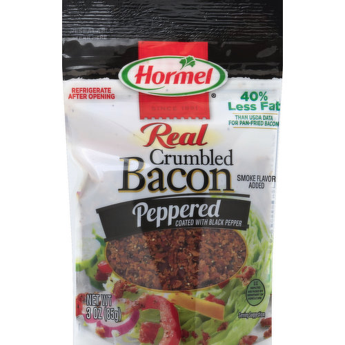 Coated with black pepper. Smoke flavor added. Since 1891. Shake up your burgers! Packet enclosed to keep product fresh. Do not eat packet. Resealable. Treat Your Favorites to Real Bacon: Mac & Cheese; Pizza; Breakfast Burritos. 40% less fat than USDA data for pan-fried bacon. Fat content has been reduced from 2.5 g to 1.5 per serving. Fast Facts: 3 g protein per serving; 25 calories per serving. US inspected and passed by Department of Agriculture. Questions, comments or recipes, call 1-800-523-4635. Visit us at www.hormel.com.