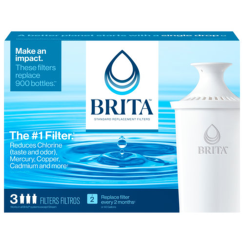 Make an impact. These filters replace 900 bottles (One Brita standard filter can replace up to 300 standard 16.9 fl. oz. single-use water bottles). The no.1 filter(based on IRI data). Reduces chlorine (taste and odor), mercury, copper, cadmium and more (see certifications). Works in all Brita systems except Stream. Better water for you (vs. tap water. See certifications). Better water for the planet (One Brita standard filter can replace up to 300 standard 16.9 fl. oz. single-use water bottles). Improves water taste and odor by reducing chlorine (vs. tap water. See certifications). Filter replacement is essential for product to perform as represented. Patented aeration design ensures consistent flow of water. Built-in mesh screens prevent black flecks. Ion-exchange resin helps to reduce impurities in your water. Activated carbon reduces chlorine (taste and odor). Fits in all Brita Systems except Stream Systems. The Brita standard filter keeps a healthy level of fluoride, a water additive that promotes strong teeth (applies to fluoridated municipal tap water). The contaminants or other substances removed or reduced by this water treatment device are not necessarily in all users water. A better planet starts with a single drop (replaces up to 1,8000 standard 16.9 fl. oz. (500 ml) single-use water bottles each year). Recycle your Brita filters. Visit brita.com/recycling to learn how. Get more with Brita. Sign up to receive filter replacement reminders, earn points and claim rewards. USA: Visit brita.com/register.