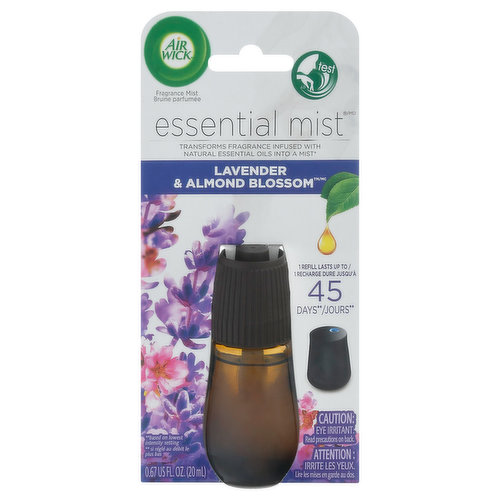 Transforms fragrance infused with natural essential oils into mist (Air Wick Essential Mist contains natural Essential oils that are automatically transformed into a fine mist). Test. 1 Refill lasts up to 45 days (Based on lowest intensity setting). Nothing but the ingredient you need. Great fragrance. Contains natural essential oils. Free from: Phthalates, acetone. What's inside and what it does. Only use Air Wick Essential Mist refills in Air Wick Essential Mist diffusers.