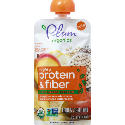 Plant-based protein. USDA Organic. Non GMO Project verified. nongmoproject.org. Clear bottom pouch. 3 g protein. 3 g fiber. 200 mg omega-3 ALA from chia. Feed their curiosity. Protein from veggies, seeds & fruit. Our recipe has about: 1/8 mango. 1/4 banana. 2 tbsp white beans. 2 tsp sunflower seed butter. 1 1/2 tbsp chia seeds. Plus 1 tbsp water. Non-BPA packaging. Certified organic by Oregon Tilth. Certified B corporation. A mission-driven company that gives back. plumorganics.com.