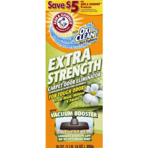 For tough odors. From mold, mildew & smoke. With vacuum booster. Save 5 dollars on Arm & Hammer Products visit armandhammer.com to print your coupons today! The standard of purity. Plus the power of Oxi Clean Dirt Fighters. Loosens & helps lift up to 25% more dirt (loosen and help your vacuum lift up to 25% more dirt than vacuuming alone). Long lasting freshness! The secret inside. Arm & Hammer Baking Soda is the original cleaning and freshening secret, and has been for generations. Today, Arm & Hammer plus OxiClean Dirt Fighters uses the power of Baking Soda to neutralize even the toughest odors deep within carpets. Discover countless Baking Soda uses for under 1 dollar at www.armandhammersolutions.com. We have added the power of OxiClean Dirt Fighters to permanently eliminate odors plus loosen and help your vacuum lift up to 25% more dirt than vacuuming alone, leaving behind a pleasant fragrance for long-lasting freshness. Absorbs and eliminates odors from smoke, mold and mildew. Does not remove carpet stains. www.armandhammer.com. If you have questions or comments about this product call us toll-free at: 1-800-524-1328, 9 AM - 5 PM ET, www.churchdwight.com. Carton made from 100% recycled paperboard. Minimum 35% post-consumer content. Power eliminates odors & helps remove dirt - Lasting fragrance stays behind! This burst of floral delight will rid your home of even the strongest odors. The herbal freshness combined with hints of jasmine and citrus uses fragrances inspired by nature to absorb and eliminate the toughest smells.