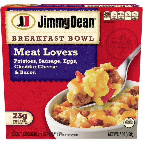 Jimmy Dean Meat Lovers Breakfast Bowl has all of your breakfast favorites together. It's filled with sausage, bacon, eggs, potatoes, and cheddar cheese. This quick breakfast is simple and ready in minutes. Be sure to fully cook this frozen breakfast. Today, Jimmy Dean Brand brings you many ways to add some sunshine to your morning. Because today's your day to shine on.