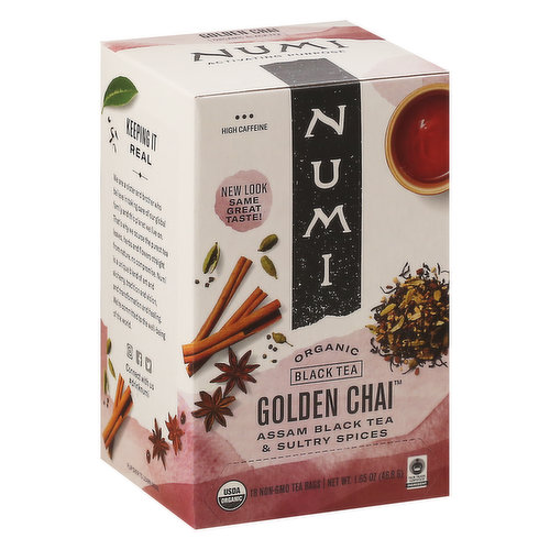 Numi Black Tea, Organic, Golden Chai, Tea Bags