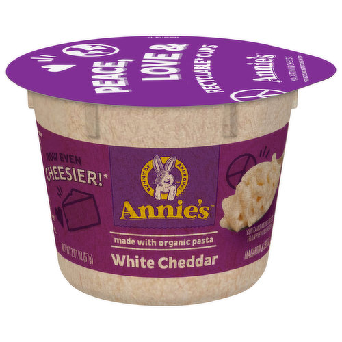 Your favorite comfort food comes perfectly packaged in an easy microwave meal with Annie's White Cheddar Macaroni and Cheese Cup. Simply add water, microwave and enjoy a cup of creamy mac and cheese without the extra time or dishes. Plus, this organic pasta and real cheese deliciousness is made with just the good stuff — no artificial flavors, synthetic colors or preservatives here. Pack this for an easy lunch or grab one for an afternoon snack.