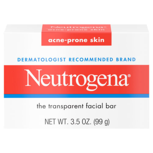 Get clean, healthy-looking skin with the Neutrogena Facial Cleansing Bar for Acne-Prone Skin. This facial cleansing bar is specially formulated to provide gentle yet effective cleansing for acne-prone skin. From a dermatologist recommended acne brand, this facial soap helps remove excess oil and rinses away easily without clogging the pores. Non-medicated and glycerin-rich, this transparent soap bar contains no dyes, or hardeners, so it won't over-dry skin. Neutrogena Facial Cleansing Bar for Acne-Prone Skin is gentle and can be used every day for healthy-looking skin.