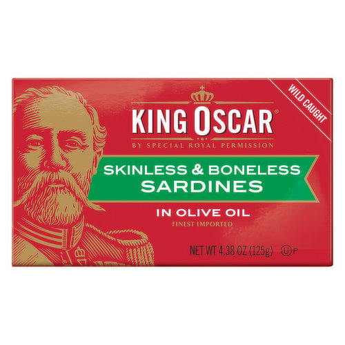 By special royal permission. Wild caught. Finest imported. King Oscar Skinless & Boneless Sardines are made from premium quality small pilchard, wild-caught in the Atlantic Ocean. Always hand-packed and kosher-certified - the best for you.