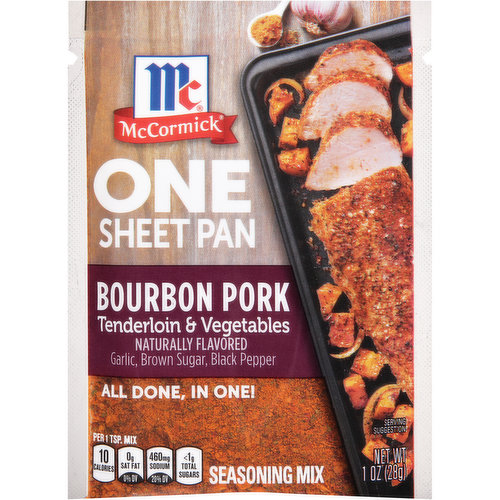 Craving a southern-inspired meal? Bourbon, brown sugar and garlic come together to create an addictively sweet and savory combination. McCormick One Sheet Pan Bourbon Pork Tenderloin and Vegetables makes it easy – from prep to clean-up.   Use this convenient dry rub to coat both the meat and the vegetables on the pan for smoky, sweet flavor in every bite. We recommend roasting it up with sweet potatoes and onions, but choose any root veggie that you like. Pro tip: line the sheet pan with foil for easy clean-up. To make this one-pan meal, you will need: McCormick ONE Seasoning Mix, pork tenderloin, sweet potatoes, onion and oil.