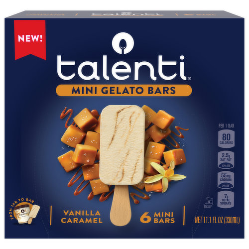 The secret ingredient in this mini gelato dessert bar recipe is our signature Dulce de Leche, which comes from a traditional Argentinian family recipe that has been passed down for generations. We mix this secret ingredient in dessert with milk, cream, and a hint of vanilla to create a smooth and creamy gelato and then add more swirls of our Dulce de Leche. Our simple vanilla bean gelato, paired with our rich homemade dulce de leche, blends together to create the perfect vanilla caramel treat you've been dreaming of. There are only 80 calories per Talenti Vanilla Caramel Mini Gelato Bar, making it the perfect guilt-free treat. At Talenti, we believe the best process and ingredients result in delicious gelato and sorbetto. That's why we source the highest-quality ingredients from all around the world. And because we don't add extra air into the product, you'll enjoy a richer flavor with a denser consistency. In addition to Gelato flavors, Talenti has Dairy-Free Sorbettos, Organic Gelato and Gelato Layers -- 5 layers of the ultimate indulgence. All our products are made with non-GMO sourced ingredients which are evaluated by Where Food Comes From, Inc., and adhere to our Non-GMO Sourced Standards. Discover your next mini indulgence. Flavors that you know and love now in mini bars that let you enjoy your favorite gelato on the go!