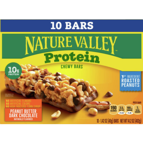 No artificial flavors. Naturally flavored. Per Bar: 190 calories; 3.5 g sat fat (17% DV); 160 mg sodium (7% DV); 7 g total sugars. 10 g protein. Gluten free. Contains bioengineered food ingredients. Learn more at Ask.GeneralMills.com. 10 bars. When we get outside, something amazing happens. You can feel it. It can make us feel more energized, helps manage stress, and strengthen our families. We think the world could use a little more of that. We are better outside. 1st ingredient roasted peanuts. No artificial colors. No high fructose corn syrup. generalmills.com. how2recycle.info. Tell us what you think share it on Twitter, Instagram. To learn more see www.naturevalley.com/nature. We welcome your questions and comments: generalmills.com. 1-800-231-0308 Box Tops for Education: No more clippings. Scan your receipt. See how at btfe.com. Proud supporter. Celiac Disease Foundation. celiac.org. 100% recycled paperboard. Carbohydrate Choices: 1.