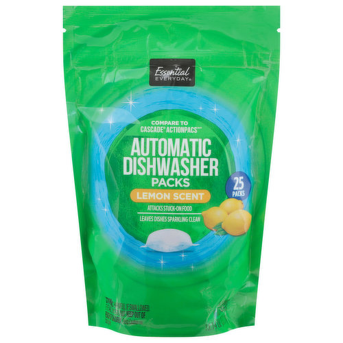 Compare to Cascade ActionPacs (Cascade Platinum ActionPacs is a registered trademark of Procter & Gamble company. This product is not manufactured or made under the authorization of the Procter & Gamble company). Attacks stuck-on food. Leaves dishes sparkling clean. At a price you'll love - that's Essential Everyday. Our goal is to provide the products your family wants, at a substantial savings versus comparable brands. We're so confident that you'll love Essential Everyday, we stand behind our products with a 100% satisfaction guarantee. Phosphate free. Safe for septic systems. Compare Essential Everyday Dish Detergent Packs: Regular: Overall cleaning power; good. Leaves dishes sparkling clean; good. Powerful de-greaser; good. Attacks stuck-on food; good. Fights tough coffee, tea & wine stains; good. Rinses clear, even in the hardest water conditions; good.