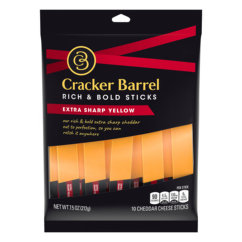 Our rich & bold extra sharp cheddar out to perfection, so you can relish it anywhere. Per Stick: 90 calories; 4.5 g sat fat (22% DV); 130 mg sodium (6% DV); 0 g total sugars. Contains 0 g lactose per serving. Rich & bold sticks. Rich, bold and irresistible, Cracker Barrel cheese delights with every bite. Whether you're indulging on your own, or sharing with good company, choose Cracker Barrel for a deliciously difference cheese. www.KraftKidsSafe.com. crackerbarrelcheese.com. 1-855-237-8748, have package available. The signature of true cheese lovers since 1954, our award-winning cheeses are selected and prepared with discerning tastes in mind. Cracker Barrel Rich & Bold Extra Sharp Yellow Cheddar Cheese Sticks are a deliciously different cheddar, packaged as a convenient, grab-and-go cheese snack. How does Cracker Barrel make such a delicious cheddar? The award-winning company does things a little differently. Cracker Barrel crafts a cheddar with a unique combination of smooth creaminess and bold sharpness to create a deliciousness like no other. Every batch is made with real milk to give this cheese genuine flavor. Then this deliciously different cheddar gets packaged in these convenient to-go packs so you can enjoy a delicious snack anytime, anywhere! Stash a cheese stick from this 7.5 ounce 10 pack in your backpack, lunch box or even in your pocket to enjoy this award-winning cheddar wherever you find yourself.