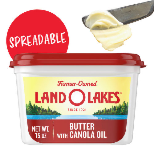 Land O Lakes Butter with Canola Oil gives you the taste you love with the spreadable convenience you want, right out of the refrigerator. It's made with three simple ingredients—sweet cream, canola oil and salt—and you can enjoy it knowing you are supporting farmer-owners in communities like yours across the country. Spread this Butter with Canola Oil onto soft, homemade pancakes and watch it melt down the sides. Land O Lakes Butter with Canola Oil is also delicious spooned into a hot skillet to give your steak a sizzling golden crust, stirred into vegetables, or melted over mountains of steaming mashed potatoes. No matter how you use it, Butter with Canola Oil is sure to be a huge hit with family and friends. Each Land O Lakes Butter with Canola Oil tub is resealable to maintain flavor. Land O Lakes Butter with Canola Oil — Eat It Like You Own It.