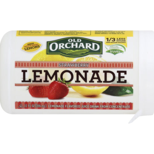 Lemonade flavored juice drink from concentrate. Made with real lemons. 1/3 less sugar than regular lemonade. Naturally sweetened with truvia. Contains 11% juice when properly reconstituted. Please visit us at www.oldorchard.com or call 1-800-330-2173. Naturally gluten free. Please recycle after use.