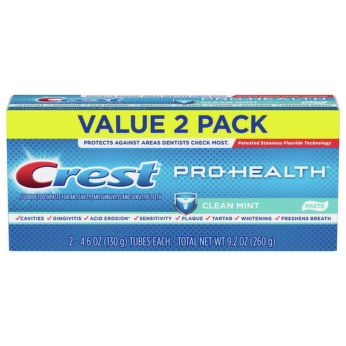 Crest Pro Health Toothpaste, Fluoride, Clean Mint, Value 2 Pack