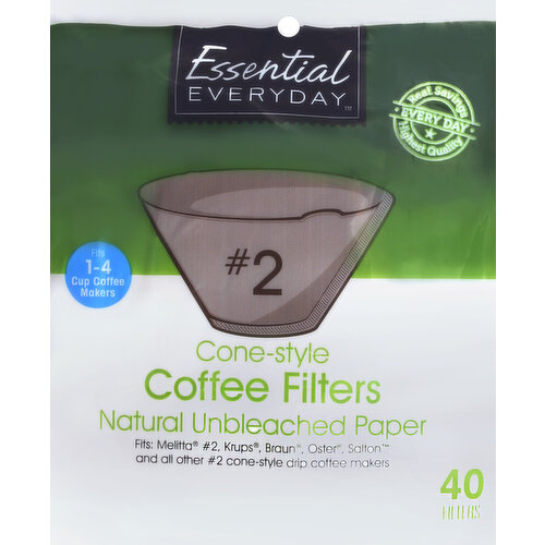 Fits 1-4 cup coffee makers. Real savings. Highest quality. Every day. Fits: Melitta No. 2, Braun, Oster, Salton and all other No. 2 cone-style drip coffee makers. Great products at a price you'll love - that's Essential Everyday. Our goal is to provide the products your family wants, at a substantial savings versus comparable brands. We're so confident that you'll love Essential Everyday, we stand behind our products with a 100% satisfaction guarantee. Essential Everyday coffee filters virtually eliminate unwanted sediments and coffee oils. Essential Everyday unbleached coffee filters are made with virgin paper pulp for added strength. www.essentialeveryday.com. Product of USA.