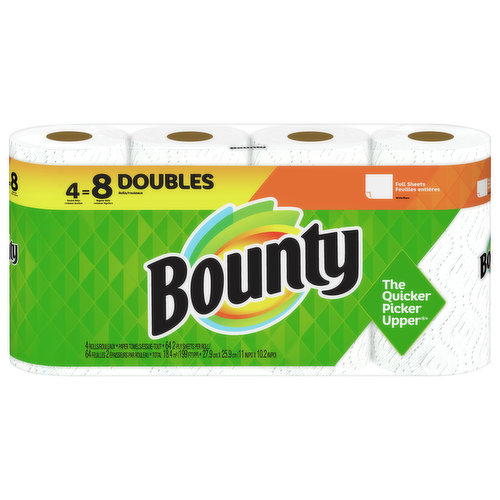 Don’t let spills and messes get in your way. Lock in confidence with Bounty, the Quicker Picker Upper*. This pack contains Bounty white full sheet paper towels that are 2X more absorbent* and strong when wet, so you can get the job done quickly. Bounty paper towels also can last longer*, so you can change the roll less often! *vs. leading ordinary brand