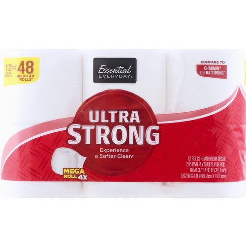 286 two-ply sheets per roll total 373.7 sq ft (34.7 m) / 3.92 in x 4.0 in (9.9 cm x 10.1 cm). 12 mega rolls = 48 regular rolls (Based on number of sheets). Mega roll 4x. Experience a softer clean. Compare to Charmin Ultra Strong (Charmin Ultra Strong is a registered trademark of Procter & Gamble Corporation. This product is not manufactured or made under the authorization of Procter and Gamble Corporation or one of its subsidiaries). Great products at a price you'll love - that's Essential Everyday. Our goal is to provide the products your family wants, at a substantial savings versus comparable brands. We're so confident that you'll love Essential Everyday, we stand behind our products with a 100% satisfaction guarantee. Essential Everyday Ultra Strong bathroom tissue is ultra thick and ultra strong for a softer clean. Our bathroom tissue contains no inks, dyes or perfumes. Safe for septic and sewer systems. 100% quality guaranteed. Like it or let us make it right. That's our quality promise. essentialeveryday.com. Made in USA from domestic and imported materials.