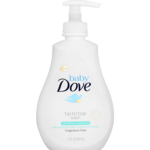 Helps retain your baby's natural skin moisture. Hypoallergenic. Tear free. New. From the makers of the No. 1 cleansing brand used by pediatricians at home. As a mother you know that bath time is precious - but did you know that after every bath baby's skin can lose moisture up to 5 times faster than yours? That's why our Baby Dove Sensitive Moisture Fragrance Free Tip to Toe Wash is formulated with the Dove difference. The pH neutral formula goes beyond mild cleansing with a rich, creamy lather that replenishes essential nutrients to help skin retain its natural moisture. Baby Dove Sensitive Moisture Fragrance Free Tip to Toe Wash leaves skin clean and soft. Ophthalmologist, dermatologist & pediatrician tested. Rinse. Recycle. Reimagine. Questions or comments? Call 1-800-761-Dove (3683) or visit us at www.dove.com.