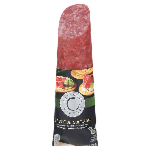 Italian style salami flavored with wine, ground white pepper and garlic powder. 90 calories per 1 oz. 100% quality guarantee. Like it or let us make it right. That's our quality promise. 855-423-2630; culinarycircle.com. U.S. inspected and passed by Department of Agriculture. www.culinarycircle.com. For product information and recipes visit us at www.culinarycircle.com.