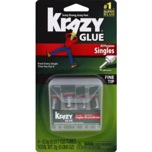 No. 1 super glue (Based on USA 2011 retail sales data). Krazy strong, krazy fast. Fresh every single time you use it. The No. 1 super glue, Krazy Glue creates an instant bond that's ultra-strong and durable. All Purpose Singles: One glue, infinite uses. Our versatile all purpose formula bonds to a wide variety of surfaces. Perfect amount for those repairs that take you by surprise. Fresh single use size; ready when you need it. Bonds: ceramic, plastic, wood, glass, porcelain, metal, leather, rubber, vinyl. Visit us at krazyglue.com, facebook.com/krazyglue and (at)KrazyGlueExpert. For other info, write to: Elmer's Products, Inc. 460 Polaris Parkway Westerville, OH 43082. ACMI: CL - Art & Creative Materials Institute certified. Conforms to ASTM D 4236. Made in USA.