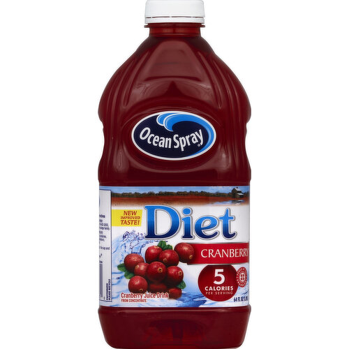 New improved taste! From Concentrate; 5 calories per serving. Power of the Cranberry. The Power of the Cranberry: The Mays - 3rd generation growers ; Richmond, BC. We're proud members of the Ocean Spray Cooperative, where the growers who harvest the cranberries also own the company. We've been making delicious cranberry juice drinks for over 80 years. The cranberry is a powerful little fruit. Did you know that part of the power of the cranberry comes from its proanthocyanidins, which we call PACs- for short? Our Diet Cranberry Juice Drink is made with real cranberry juice. It packs in the taste and goodness of the cranberry, without all the calories! It's a refreshing idea - a tasty, good-for-you Diet drink. So go ahead and experience the power of the cranberry. To learn more about our growers and products, and to find tasty recipes, visit www.oceanspray.com. No artificial flavors or preservatives. Thanks for choosing Ocean Spray: For questions or comments please call 1-800-662-3263, M-F 9 AM to 4 PM EST. Please have the entire package handy. Manufactured and distributed by: Ocean Spray cranberries, Inc. Tastes good. Good for you! www.oceanspray.com. Pasteurized; please recycle. Contains 7% juice.